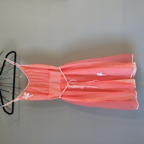 Vintage Coral Chiffon Fairycore Dress Sheer See Through Strappy Y2K  Romance - Picture 1 of 15